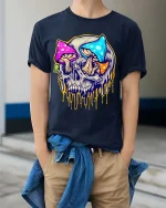 Psychedelic Mushroom Skull Graphic T Shirt Colorful Trippy Skull Tee - model wearing navy tee with hands in pockets