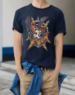Flying Eyeball Snake Lightning Graphic T Shirt Tattoo Style Tee - model wearing navy tee with hands in pockets
