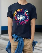Colorful Wolf Galaxy Graphic T Shirt Vibrant Cosmic Wolf Tee - model wearing navy tee with hands in pockets