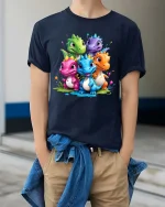 Cute Baby Dinosaur Group Graphic T Shirt Colorful Dino Friends Tee - model wearing navy tee with hands in pockets