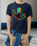 Neon Horror Mask Graphic T Shirt Creepy Slasher Style Tee - model wearing navy tee with hands in pockets