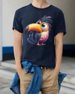 Cute Colorful Toucan Cartoon Graphic T Shirt Funny Bird Tee - model wearing navy tee with hands in pockets