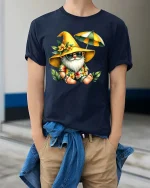 Funny Summer Gnome Beach Graphic T Shirt Cute Vacation Gnome Tee - model wearing navy tee with hands in pockets