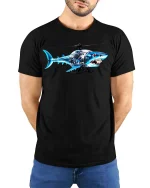 Shark Helicopter Graphic T Shirt Funny Flying Shark Tee - model wearing black tee with hands behind back