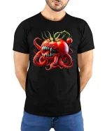 Funny Tomato Monster Octopus Graphic T Shirt Creepy Food Tee - model wearing black tee with hands behind back