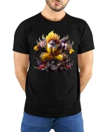 Creepy Fast Food Clown Monster Graphic T Shirt Horror Clown Tee - model wearing black tee with hands behind back