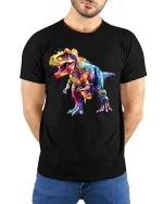 Colorful T Rex Dinosaur Graphic T Shirt Vibrant Dino Art Tee - model wearing black tee with hands behind back