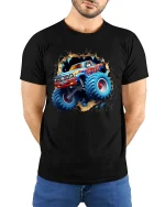Monster Truck Breakthrough Graphic T Shirt Off Road Truck Tee - model wearing black tee with hands behind back