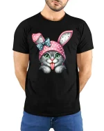 Cute Bunny Cat Graphic T Shirt Funny Kitty With Bunny Ears Tee - model wearing black tee with hands behind back