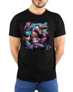 Mutant Crocodile Monster Graphic T Shirt Crazy Reptile Beast Tee - model wearing black tee with hands behind back