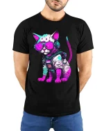 Cyberpunk Cat Astronaut Graphic T Shirt Neon Space Kitty Tee - model wearing black tee with hands behind back
