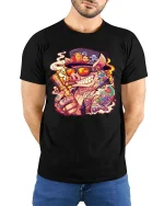 Smoking Pig Gangster Graphic T Shirt Funny Tattoo Pig Tee - model wearing black tee with hands behind back