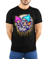 Psychedelic Mushroom Skull Graphic T Shirt Colorful Trippy Skull Tee - model wearing black tee with hands behind back