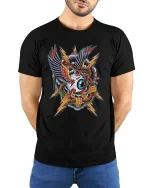 Flying Eyeball Snake Lightning Graphic T Shirt Tattoo Style Tee - model wearing black tee with hands behind back
