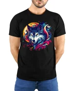 Colorful Wolf Galaxy Graphic T Shirt Vibrant Cosmic Wolf Tee - model wearing black tee with hands behind back