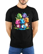 Cute Baby Dinosaur Group Graphic T Shirt Colorful Dino Friends Tee - model wearing black tee with hands behind back