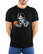 Cute Basketball Cat Graphic T Shirt Funny Sport Cat Tee - model wearing black tee with hands behind back