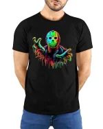 Neon Horror Mask Graphic T Shirt Creepy Slasher Style Tee - model wearing black tee with hands behind back