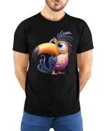 Cute Colorful Toucan Cartoon Graphic T Shirt Funny Bird Tee - model wearing black tee with hands behind back