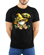 Funny Summer Gnome Beach Graphic T Shirt Cute Vacation Gnome Tee - model wearing black tee with hands behind back