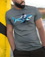 Shark Helicopter Graphic T Shirt Funny Flying Shark Tee - model wearing grey tee, leaning on column