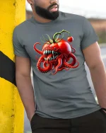 Funny Tomato Monster Octopus Graphic T Shirt Creepy Food Tee - model wearing grey tee, leaning on column