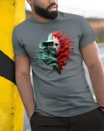 Split Horror Mask Character Graphic T Shirt Dual Face Scary Tee - model wearing grey tee, leaning on column