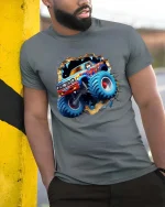 Monster Truck Breakthrough Graphic T Shirt Off Road Truck Tee - model wearing grey tee, leaning on column