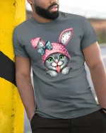 Cute Bunny Cat Graphic T Shirt Funny Kitty With Bunny Ears Tee - model wearing grey tee, leaning on column