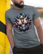 Cyberpunk Robot Skull Graphic T Shirt Futuristic Mech Skull Tee - model wearing grey tee, leaning on column
