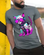Cyberpunk Cat Astronaut Graphic T Shirt Neon Space Kitty Tee - model wearing grey tee, leaning on column