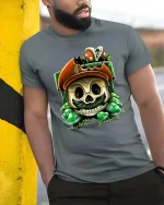 Funny Irish Skull Graphic T Shirt Lucky Clover Skull Tee - model wearing grey tee, leaning on column