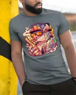 Smoking Pig Gangster Graphic T Shirt Funny Tattoo Pig Tee - model wearing grey tee, leaning on column