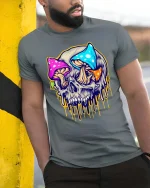 Psychedelic Mushroom Skull Graphic T Shirt Colorful Trippy Skull Tee - model wearing grey tee, leaning on column