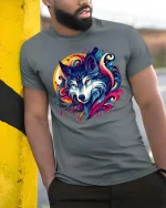 Colorful Wolf Galaxy Graphic T Shirt Vibrant Cosmic Wolf Tee - model wearing grey tee, leaning on column