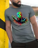 Neon Horror Mask Graphic T Shirt Creepy Slasher Style Tee - model wearing grey tee, leaning on column