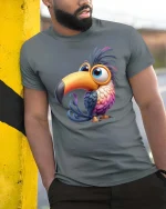 Cute Colorful Toucan Cartoon Graphic T Shirt Funny Bird Tee - model wearing grey tee, leaning on column