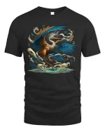 Majestic Heron Bird T-Shirt Ocean Wave Artistic Nature Tee - black t-shirt on white background