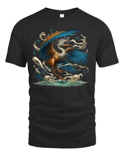 Majestic Heron Bird T-Shirt Ocean Wave Artistic Nature Tee - black t-shirt on white background