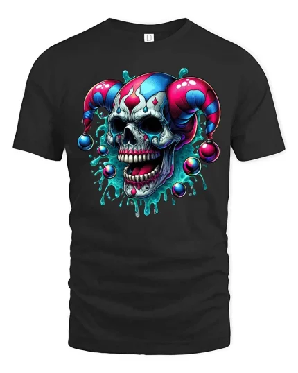 Evil Jester Skull T-Shirt Dark Clown Horror Graphic Tee - black t-shirt on white background