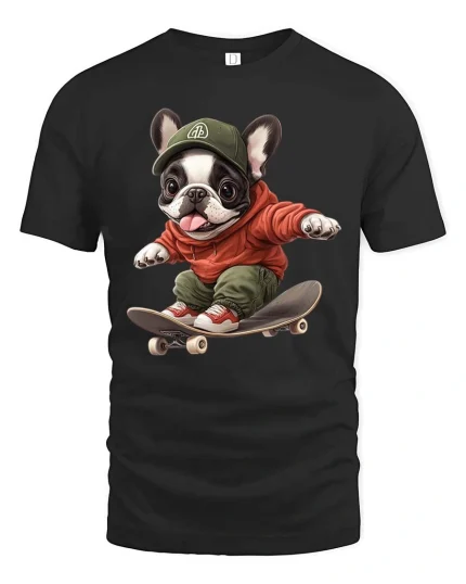 Skateboarding French Bulldog T-Shirt Cute Street Style Tee - black t-shirt on white background