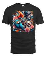 Pirate Parrot Skull T-Shirt Roses Vintage Tattoo Art Tee - black t-shirt on white background
