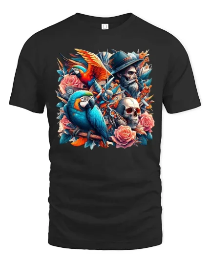 Pirate Parrot Skull T-Shirt Roses Vintage Tattoo Art Tee - black t-shirt on white background