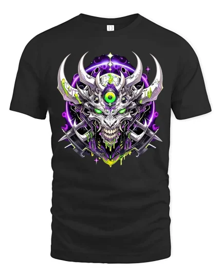 Cyber Demon Skull T-Shirt Neon Horror Sci Fi Graphic Tee - black t-shirt on white background