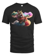 Colorful Chinese Lion T-Shirt Cloud Fantasy Art Graphic Tee - black t-shirt on white background