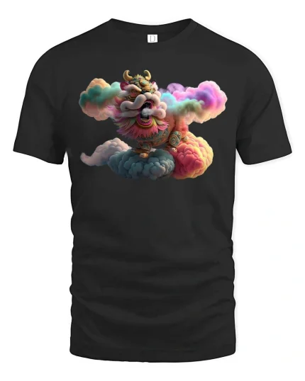 Colorful Chinese Lion T-Shirt Cloud Fantasy Art Graphic Tee - black t-shirt on white background