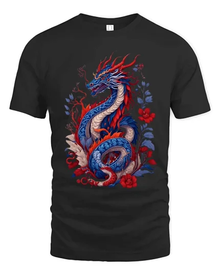 Oriental Dragon T-Shirt Red Blue Floral Fantasy Art Tee - black t-shirt on white background