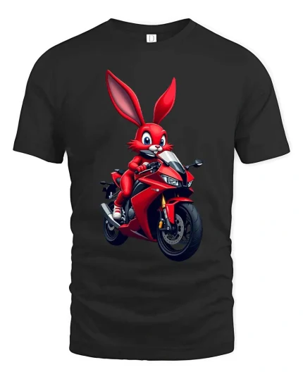 Funny Biker Bunny T-Shirt Cool Rabbit Motorcycle Rider Tee - black t-shirt on white background