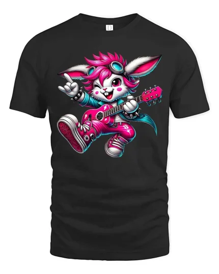 Rock Star Bunny T-Shirt Cute Guitar Rabbit Music Tee - black t-shirt on white background