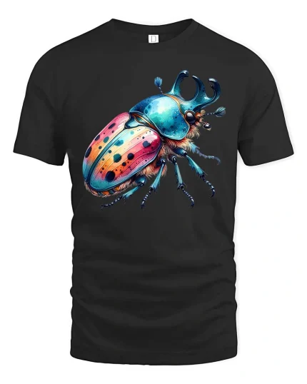 Colorful Beetle T-Shirt Vibrant Insect Art Graphic Tee - black t-shirt on white background